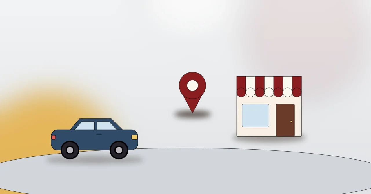 Auto, Standort-Pin und Geschäft als Symbol für Anwohnerparken und Alltag im neuen Bezirk