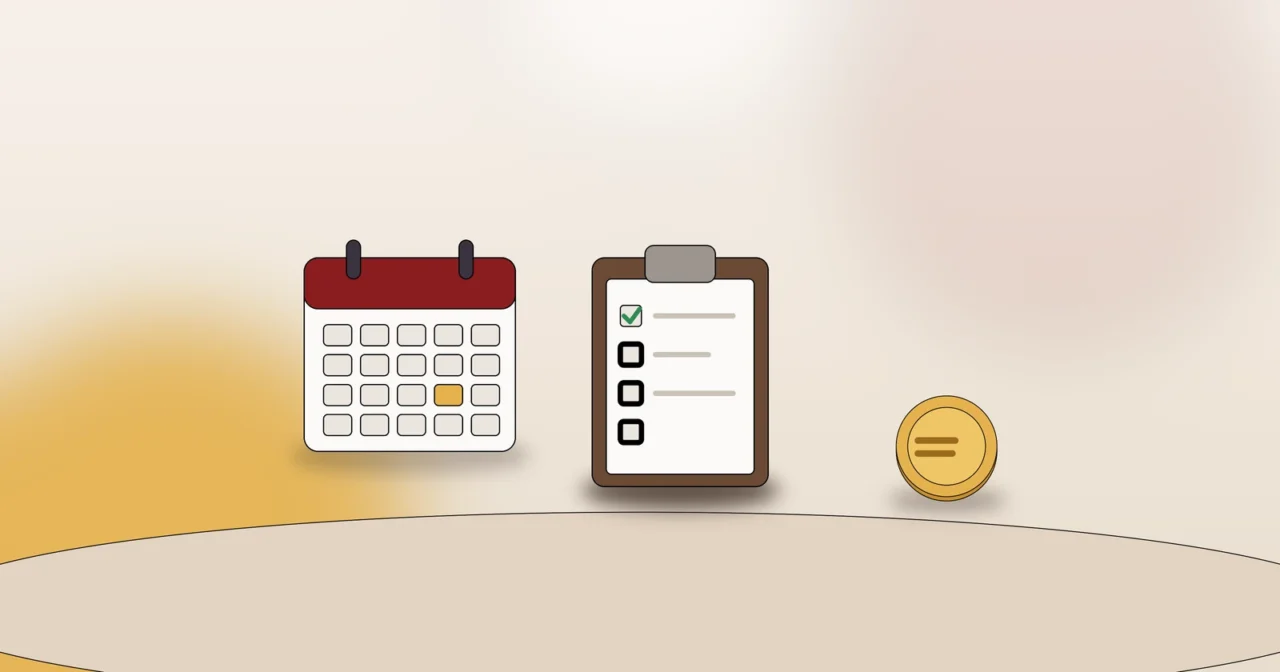 Kalender, Checkliste und Münze als Symbol für Verträge, Fristen und Kosten beim Bezirkswechsel