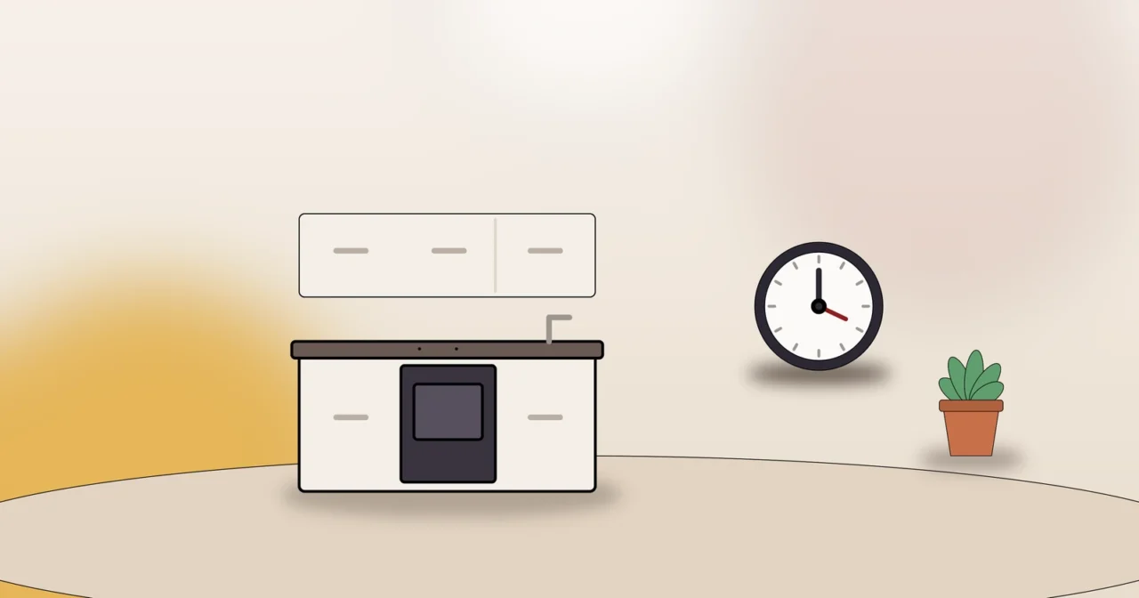 Fertig aufgebaute Küche mit Uhr und Pflanze als Symbol für den Aufbau der Küche in der neuen Wohnung