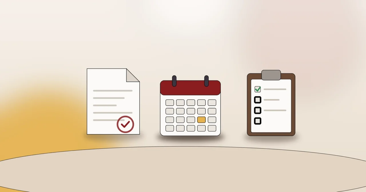 Dokument mit Stempel, Kalender und Checkliste als Symbol für Gewerbeummeldung und Zeitplan beim Geschäftsumzug