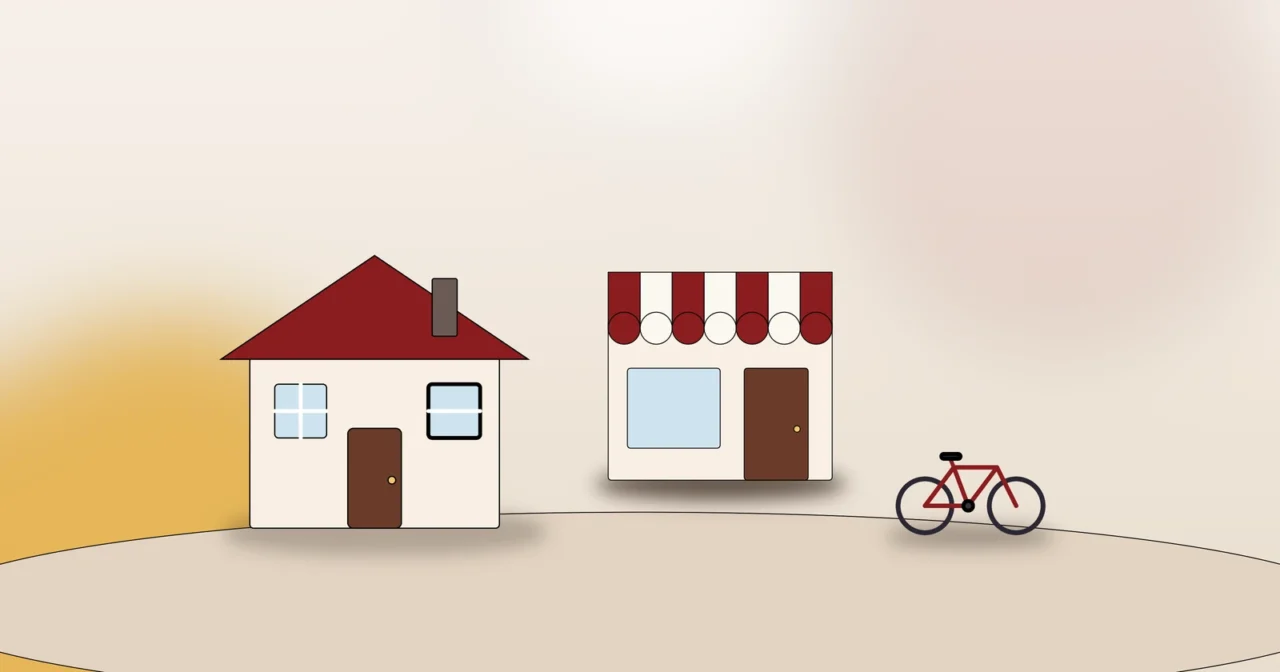 Wohnhaus, Ladengeschäft und Fahrrad als Symbol für das Wohnen in den lebendigen Berliner Innenstadtbezirken