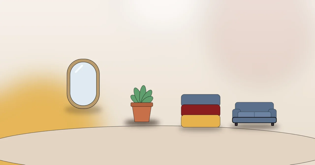 Spiegel, Pflanze, Decken und Sofa als Symbol für mietfreundliche Einrichtungsideen ohne Bohren