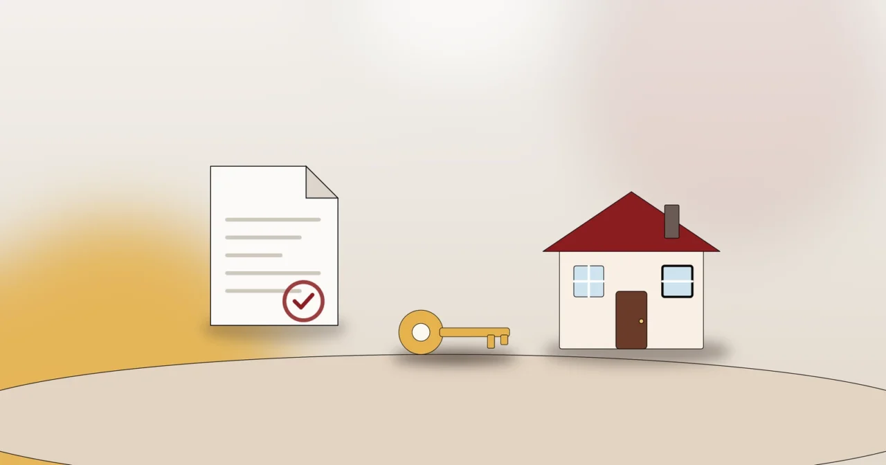 Dokument mit Stempel, Schlüssel und Wohnhaus als Symbol für Mietvertrag und Erlaubnis des Vermieters