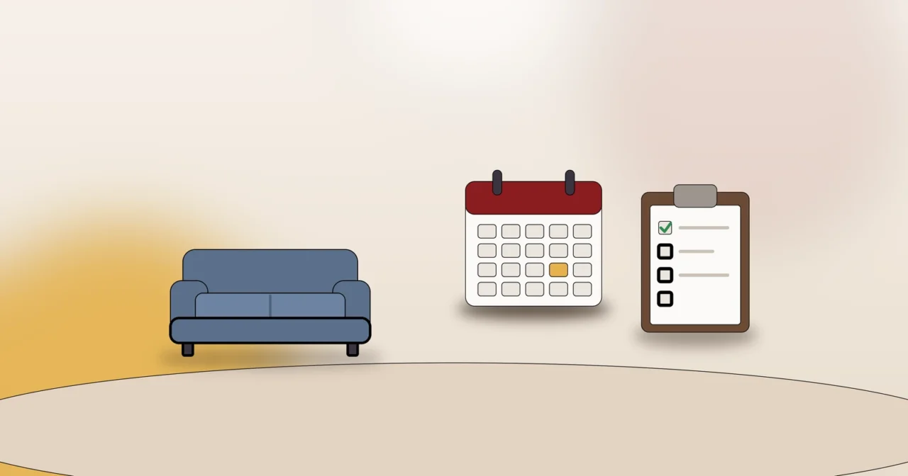 Sofa, Kalender und Plan als Symbol für das Ausmessen und die Möbelplanung in der neuen Wohnung