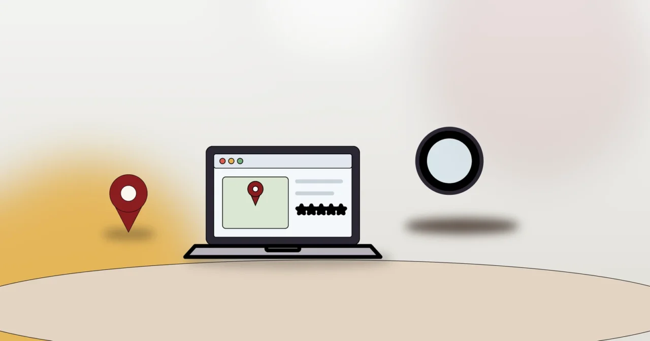 Laptop mit Bewertungssternen, Lupe und Standort-Pin als Symbol für die Online-Sichtbarkeit nach dem Standortwechsel