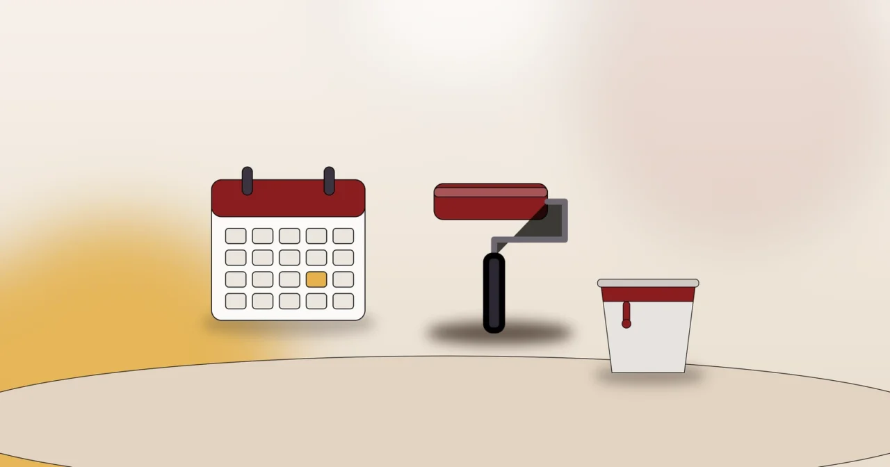 Kalender, Farbrolle und Farbeimer als Symbol für den Zeitplan der Malerarbeiten beim Umzug