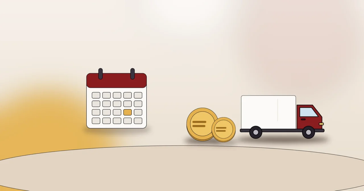 Kalender, Münzen und Transporter als Symbol für Termine und Preise in der Umzugs-Nebensaison