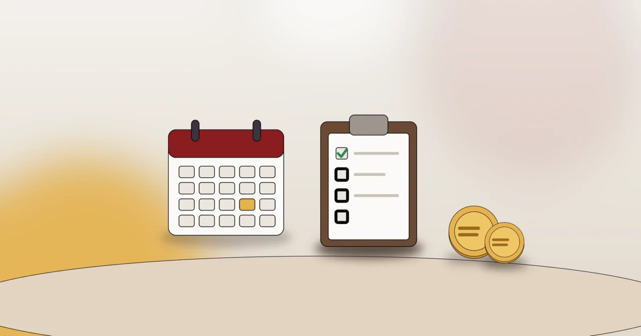 Kalender, Checkliste und Euro-Münzen als Symbol für die Planung des Umzugsvolumens