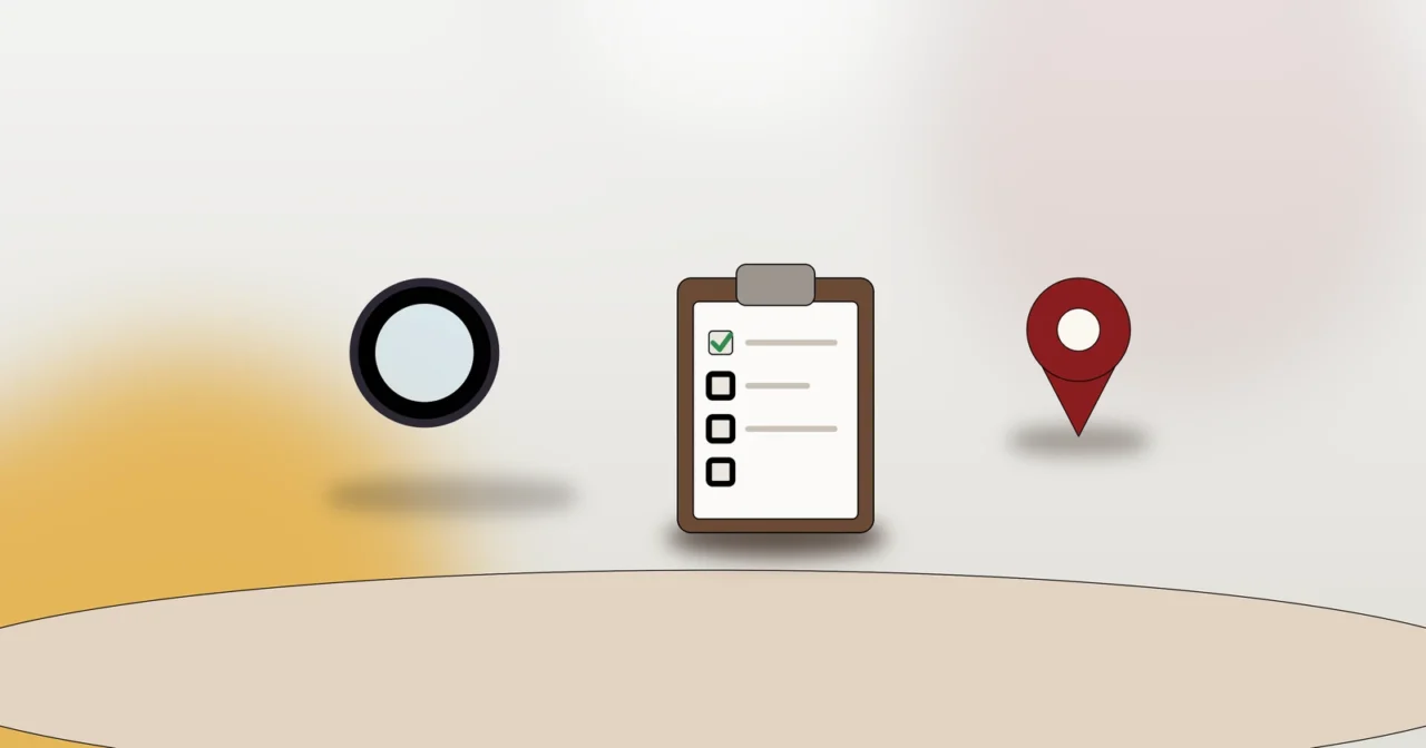 Lupe, Checkliste und Standort-Pin als Symbol für das Prüfen eines Wohnviertels bei der Wohnungssuche
