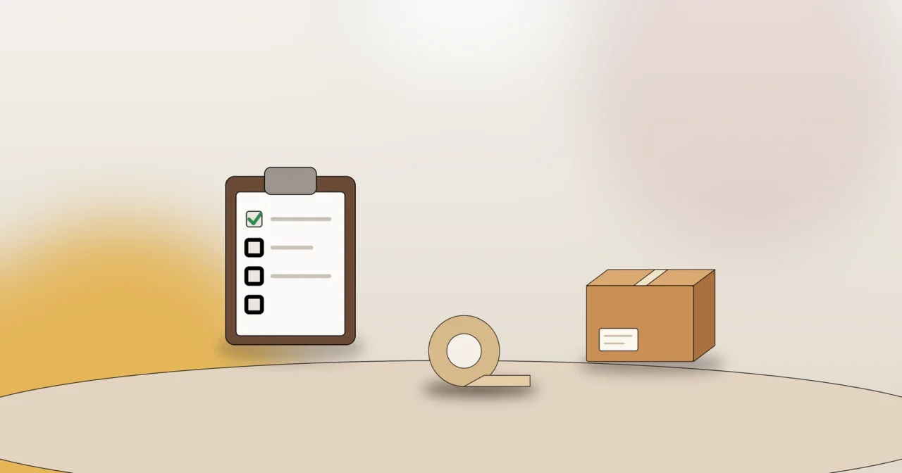 Checkliste, Klebeband und Karton als Symbol für Werkzeug und Kleinteile bei der Möbelmontage