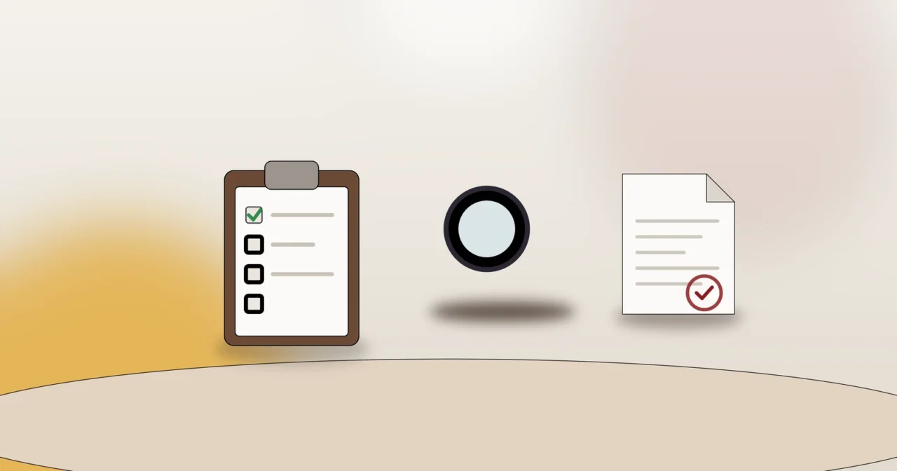 Checkliste, Lupe und Dokument als Symbol für das Dokumentieren von Mängeln bei der Wohnungsübergabe