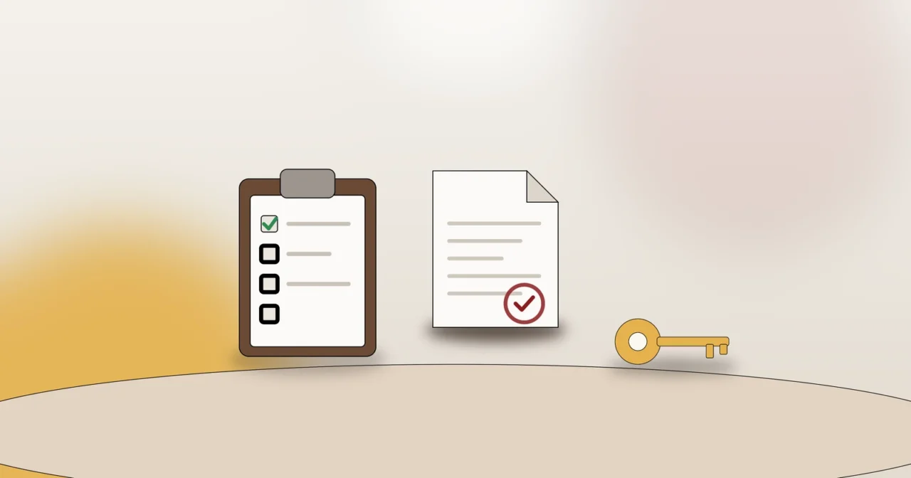 Klemmbrett mit Checkliste, Dokument und Wohnungsschlüssel als Symbol für Vorbereitung und Wohnungsübergabe