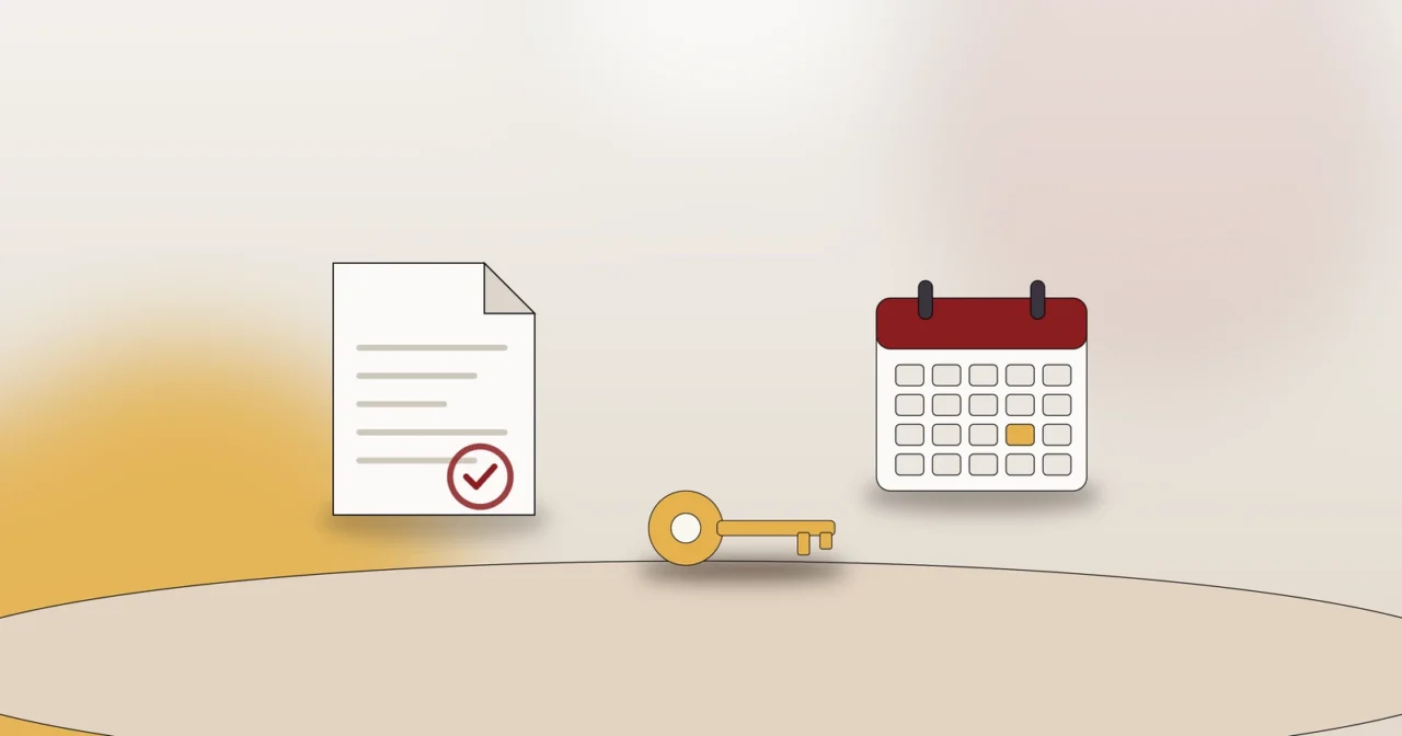 Dokument, Schlüssel und Kalender als Symbol für die Kündigung des Mietvertrags nach einem Todesfall